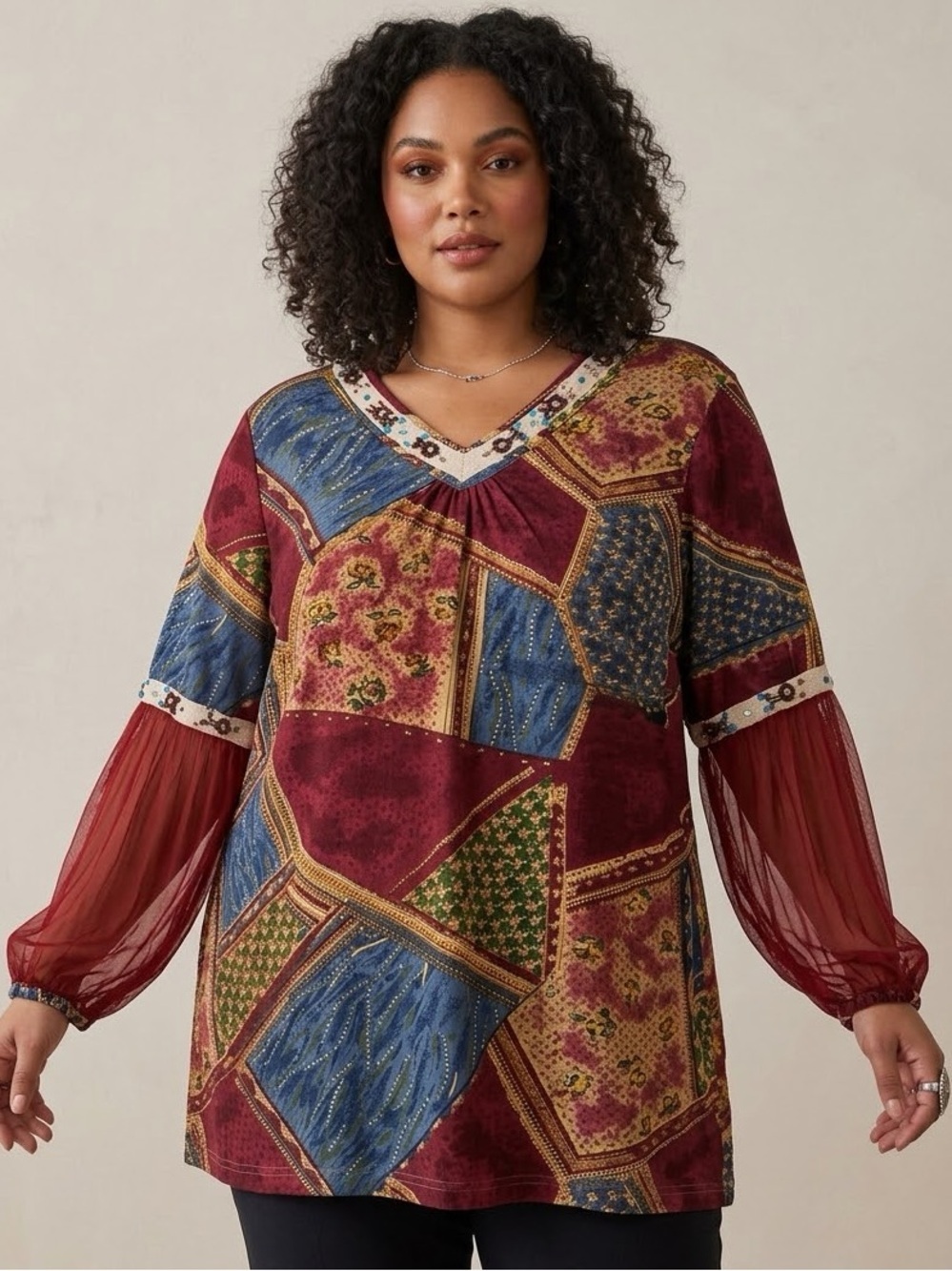 Ulla Popken Boho Patchwork Relaxed Fit V-Neck Tunic Burgundy Multi Size 20/22